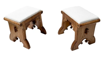 Arts & Crafts Hand-Carved Oak Stools with Boucle Upholstery, 1900s